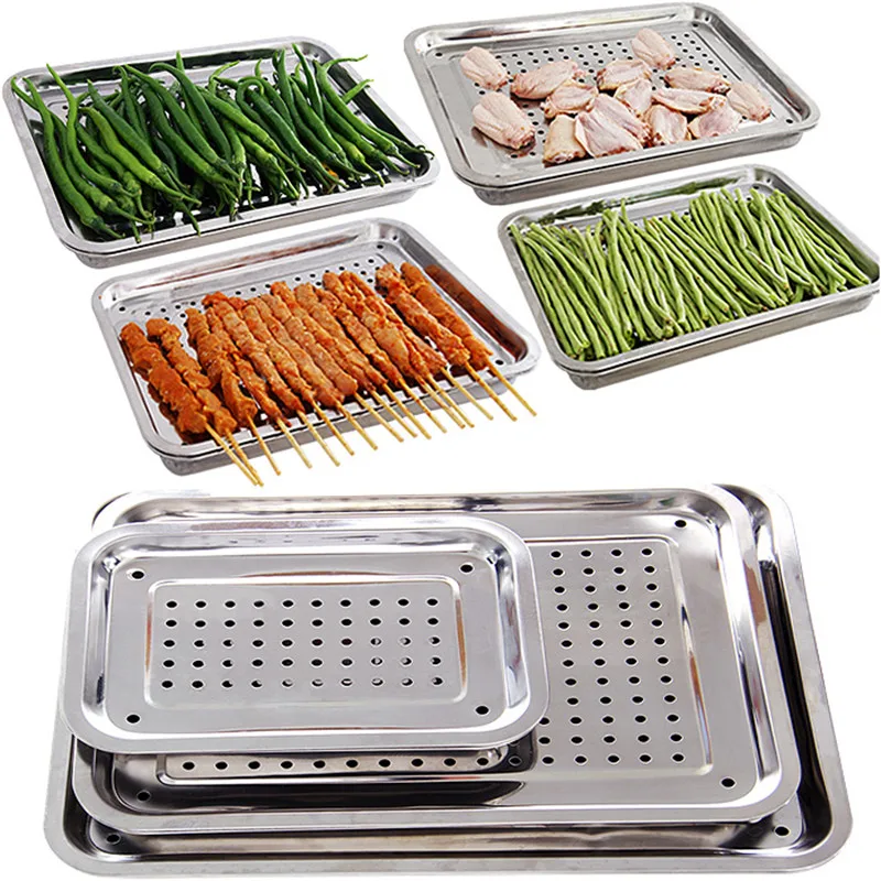Thickened rectangular stainless steel tray double layer can be drain basin for fruit and vegetable cup BBQ food tray
Thickened rectangular stainless steel tray double layer can be drain basin for fruit and vegetable cup BBQ food tray
