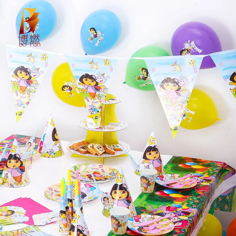 Мультфильм тема Дора Дети День рождения Tablewear девушки столовая посуда баннер Blowout