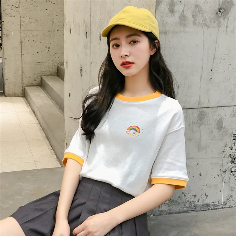 2019 New Preppy Style Cute Rainbow Printed Short Sleeve T-shirt Women Summer Casual Patchwork Hit Color Tees Tops
2019 New Preppy Style Cute Rainbow Printed Short Sleeve T-shirt Women Summer Casual Patchwork Hit Color Tees Tops