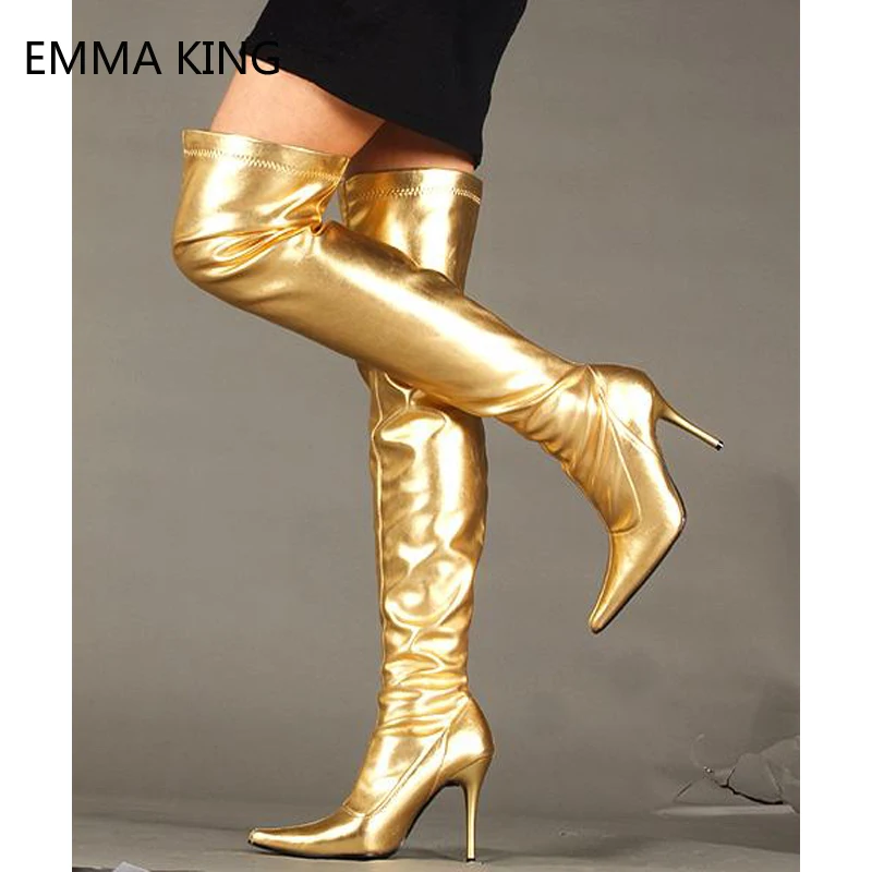 Gold Elastic Thigh High Boots Women Lace-up Pointed Toe Patent Leather Shoes Silver Zipper Thin Heels Shoes Knee High Long Boots
Gold Elastic Thigh High Boots Women Lace-up Pointed Toe Patent Leather Shoes Silver Zipper Thin Heels Shoes Knee High Long Boots
