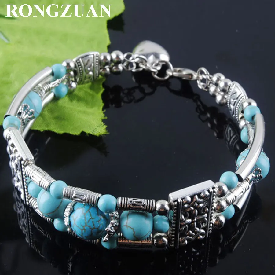 RONGZUAN Vintage Antique Silver Charm Bracelet Turquoises Stone Round Beads Natural Stone Bracelet Cuff Jewelry 6.5"-7" Z618
RONGZUAN Vintage Antique Silver Charm Bracelet Turquoises Stone Round Beads Natural Stone Bracelet Cuff Jewelry 6.5"-7" Z618