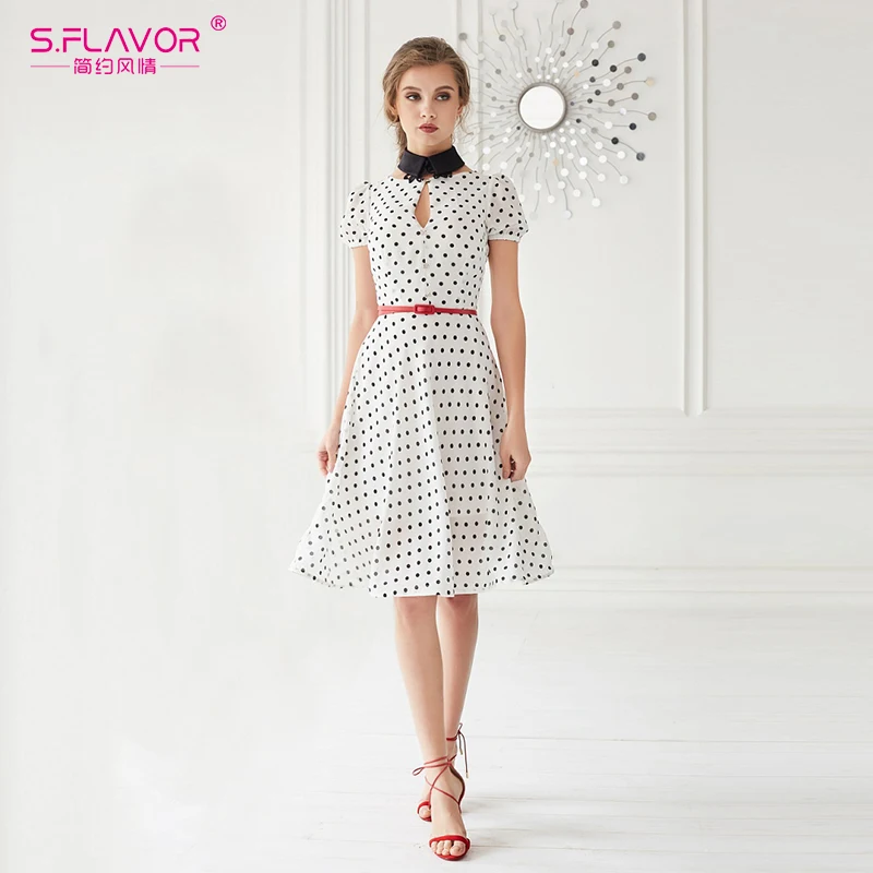 S. вкус женщины винтажное платье Осень Белый Черный горошек с коротким рукавом