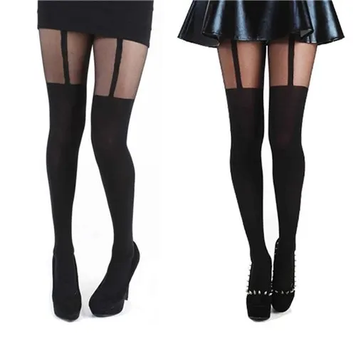 Фото Колготки женские черные с подвязками выше колена | Женская одежда