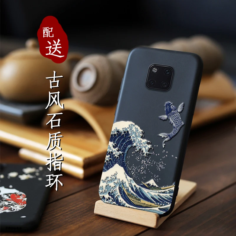 Great Emboss Phone case For Huawei Mate 20 Pro X MATE20 P20 PRO cover Kanagawa Waves Carp Cranes 3D Giant relief | Мобильные