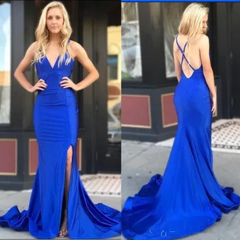 2019 Elegant Royal Blue V Neck Satin Mermaid Long Prom Dresses Split Criss Cross Straps Evening Dress Cheap Formal Gowns Vestid
2019 Elegant Royal Blue V Neck Satin Mermaid Long Prom Dresses Split Criss Cross Straps Evening Dress Cheap Formal Gowns Vestid