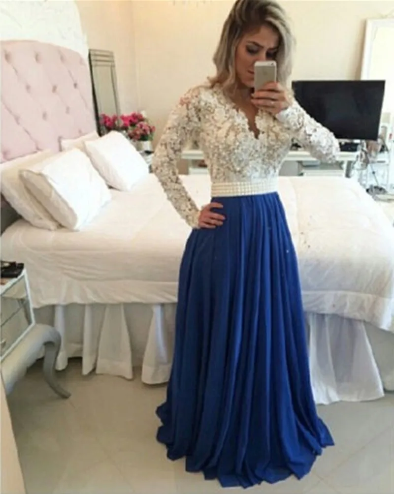 Royal Blue Long Lace Sleeve Prom Dresses Custom Made Sheer Back Beads A Line Evening Party Gowns vestido baile
Royal Blue Long Lace Sleeve Prom Dresses Custom Made Sheer Back Beads A Line Evening Party Gowns vestido baile