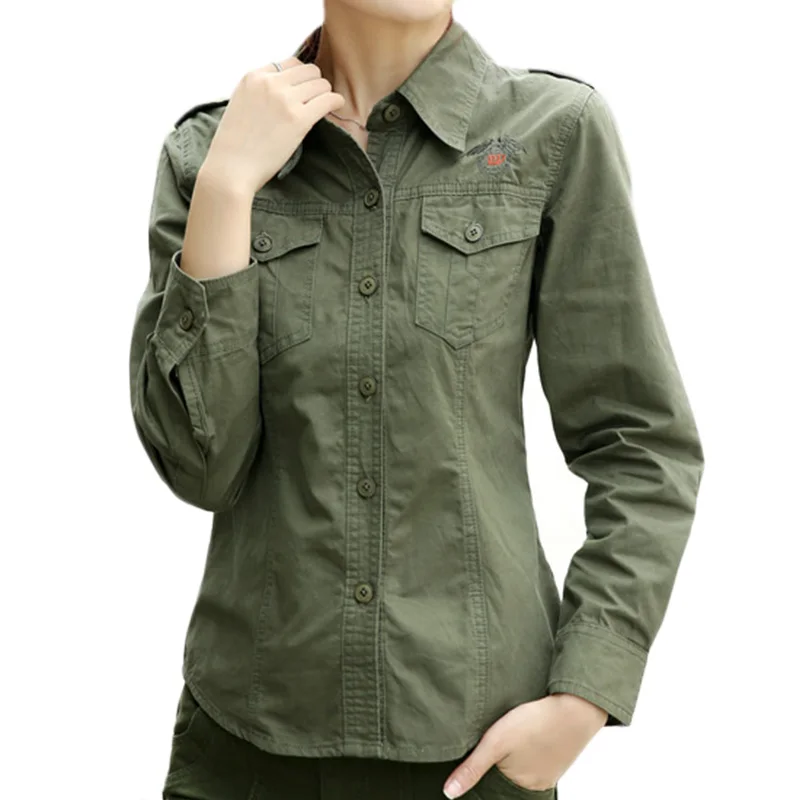2019 Style Women Army Green Shirt With Epaulets Long Sleeve Turn Down