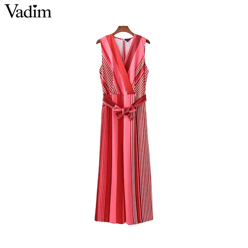 Vadim women stylish red striped cross V neck jumpsuits sleeveless sashes female office wear wide leg pants playsuits KA862
Vadim women stylish red striped cross V neck jumpsuits sleeveless sashes female office wear wide leg pants playsuits KA862