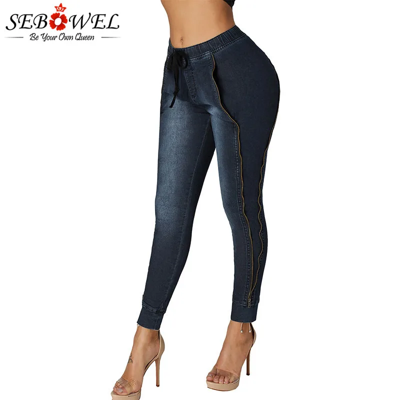 SEBOWEL Winter Skinny High Waist Elastic Jeans Woman Female Black/Blue Wash Waistband Drawstring Zippers Denim Pencil Pants 2019
SEBOWEL Winter Skinny High Waist Elastic Jeans Woman Female Black/Blue Wash Waistband Drawstring Zippers Denim Pencil Pants 2019