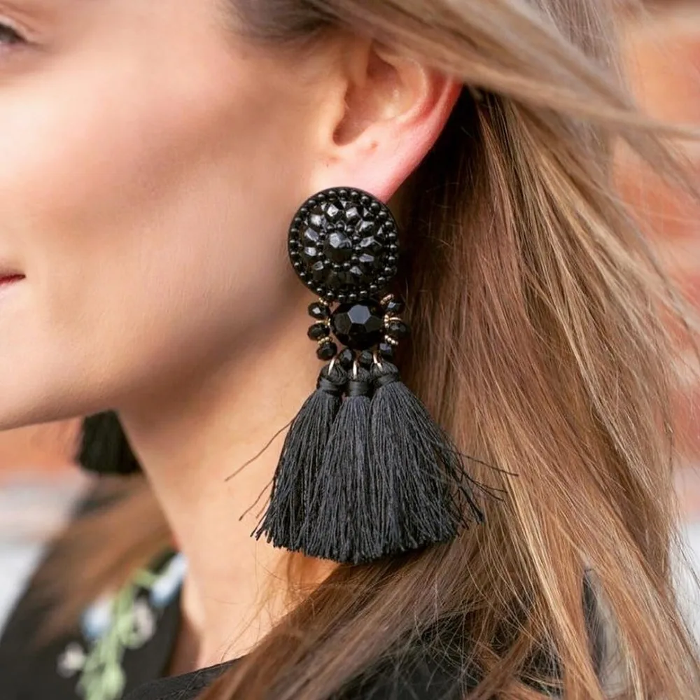 Vintage Women Simple Long Tassel Fringe Crystal Drop Dangle Earrings Jewelry