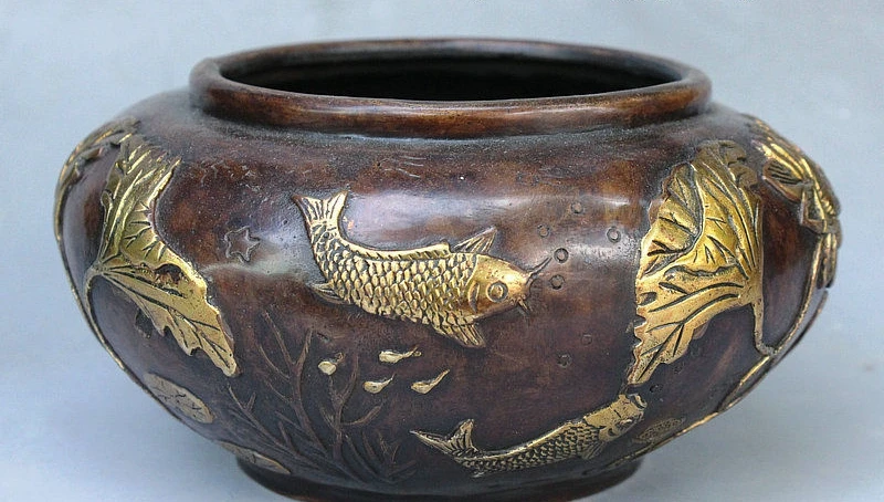 7" Old China Palace Bronze Gilt Carp Pot Jar Fish Lotus Incense Burner Censer