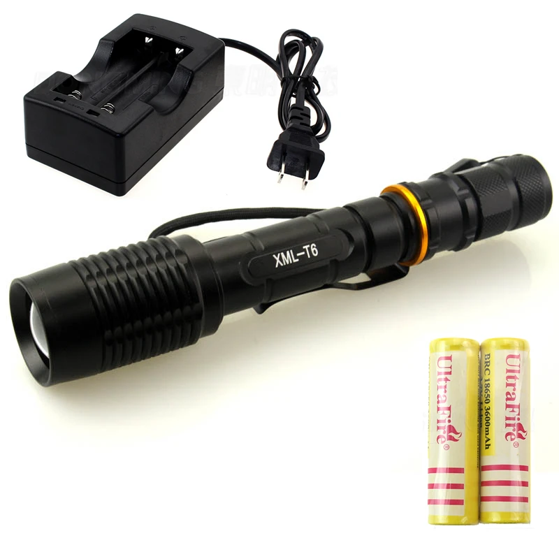 

zoomable 5000 lumen led flashlight cree xml T6 5 mode tactical torch flashlight with clamp + 2 x 18650 battery + 1 * charger
