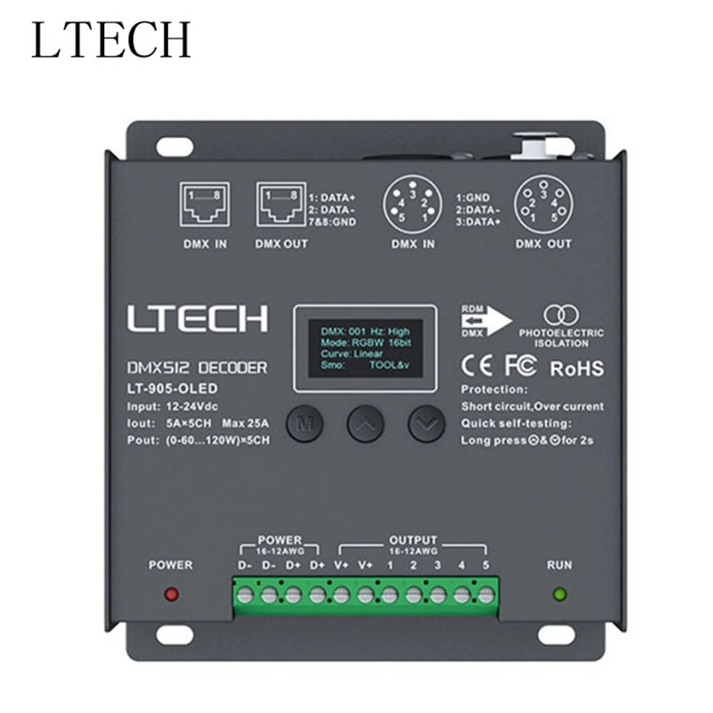 LTECH 5-Channel DMX Decoding Driver LT-905-OLED DC12-24V Input 5A * 5CH Output RGB / RGBW XLR-3 / RJ45 LED Controller
LTECH 5-Channel DMX Decoding Driver LT-905-OLED DC12-24V Input 5A * 5CH Output RGB / RGBW XLR-3 / RJ45 LED Controller
