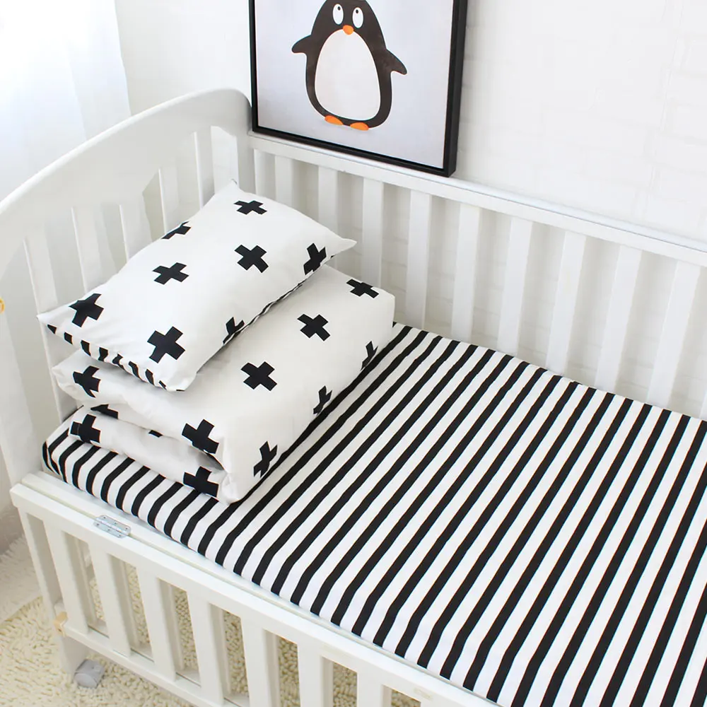 3Pcs Baby Bedding Set Cotton Crib Sets Black White Stripe ...