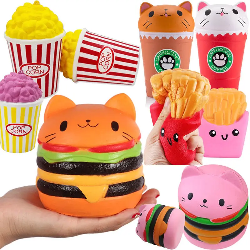 

2018 Jumbo Squishy Toys Children Slow Rising Antistress Cat Hamburger Fries Squishies Stress Relief Funny Kids Phone Straps