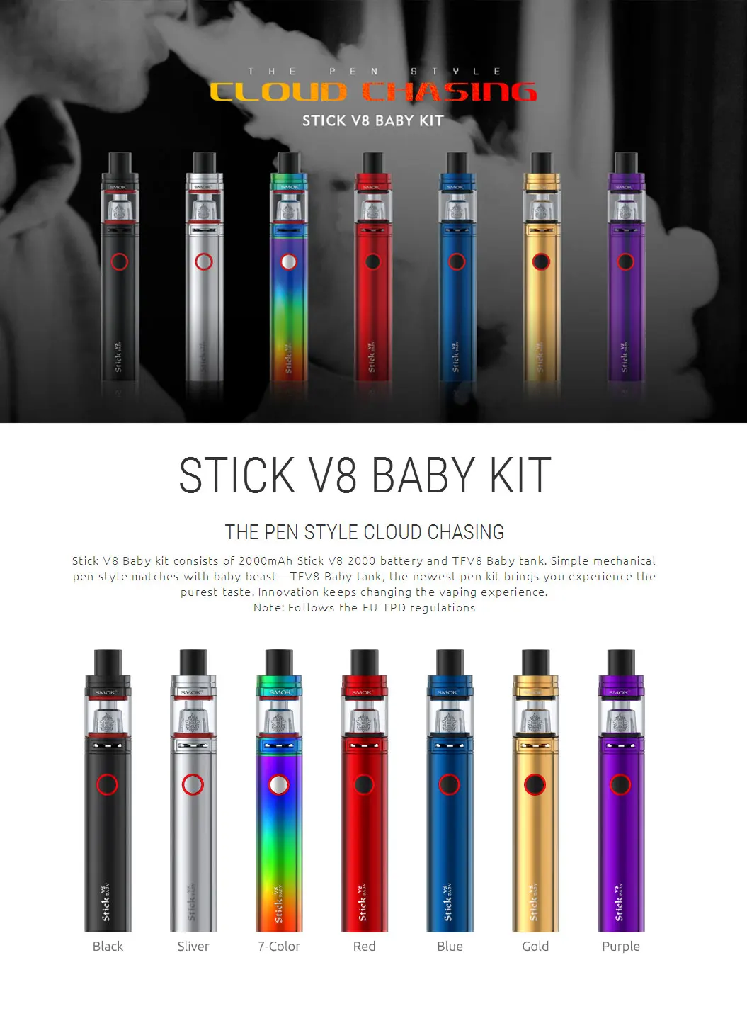 SMOK Stick V8 Baby Vape Kit with 3ml /2ml TFV8 Baby Beast Tank Atomizer & 2000mah Battery Standard/EU Edition E-cigs Starter Kit