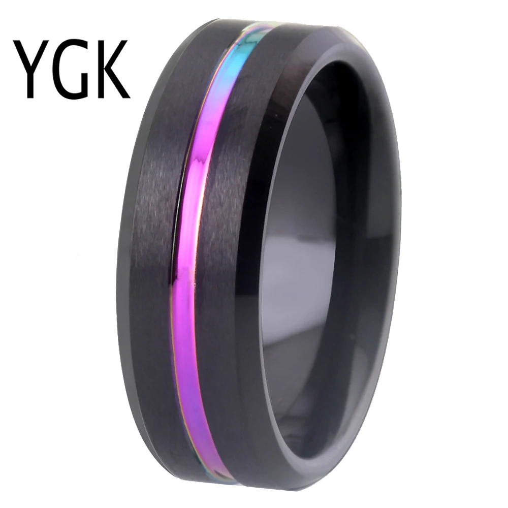 

8mm Tungsten Carbide Ring Rainbow Color Thin Groove Wedding Band Beveled Comfort Fit Rings Women Engagement Wedding Party Ring