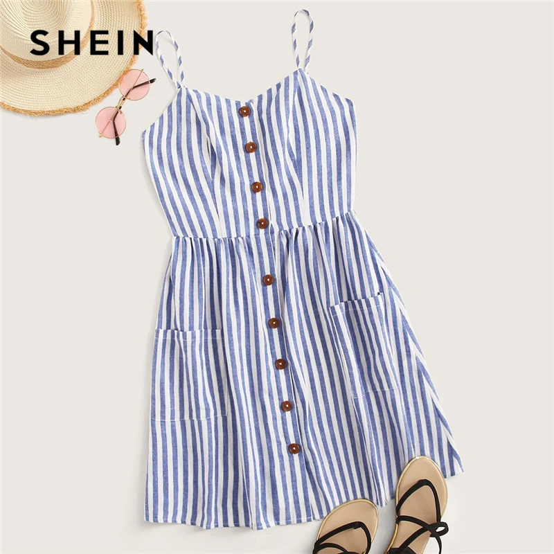 SHEIN Blue Button Front Patch Pocket Striped Slip Dress Women Shirred Back Sleeveless Summer Casual Fit and Flare Short Dresses
SHEIN Blue Button Front Patch Pocket Striped Slip Dress Women Shirred Back Sleeveless Summer Casual Fit and Flare Short Dresses
