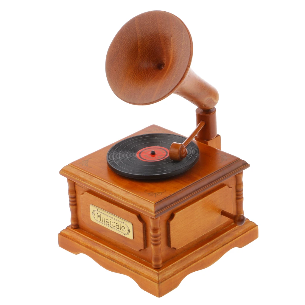 Hot Sale Vintage Wooden Gramophone Music Box Melody Box Desk Decoration Wedding March for Office Home Decor Favor Gift Supplies