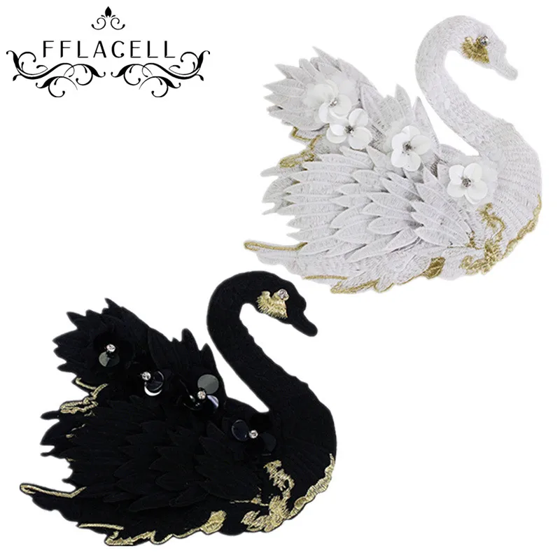 

FFLACELL Large Embroidery Swan Patches Beaded Sequin Motifs Applique for Sweater Badge DIY Sewing Supplies