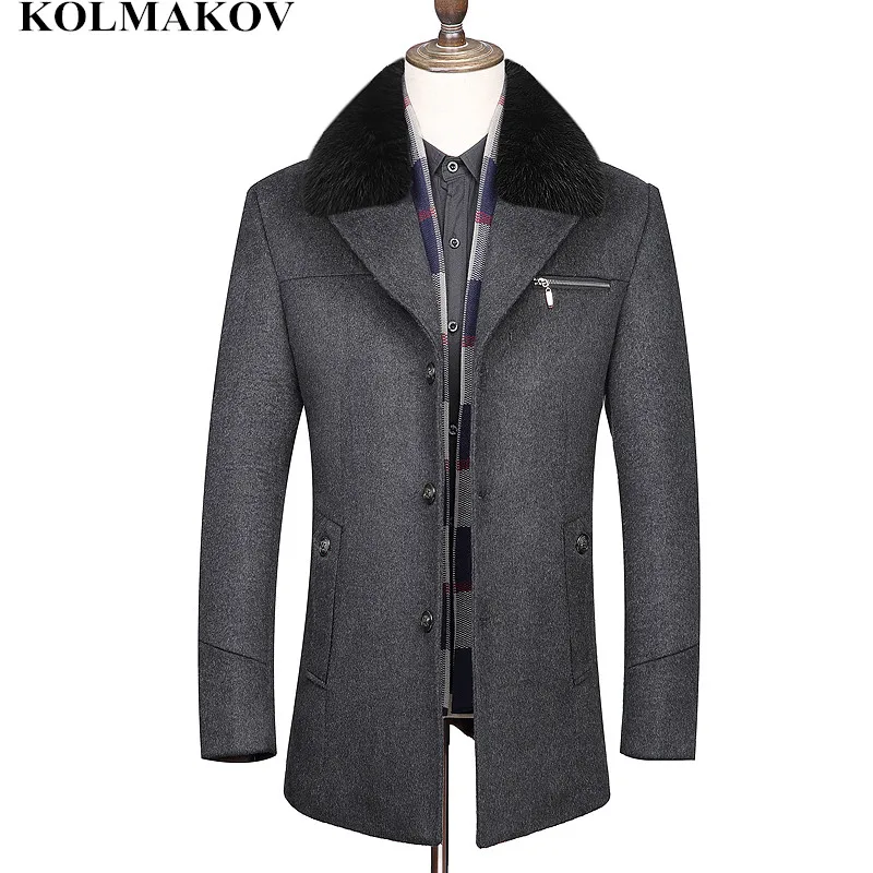 Новое мужское шерстяное пальто KOLMAKOV облегающее со съемным меховым воротником и