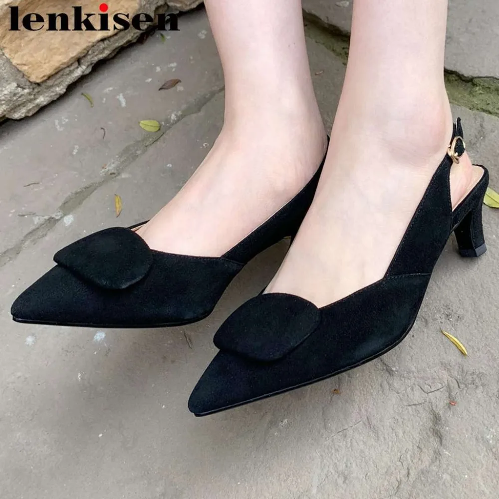 Lenkisen concise brand elegant lady natural leather slingback women sandals buckle strap pointed toe med heels party shoes L97
Lenkisen concise brand elegant lady natural leather slingback women sandals buckle strap pointed toe med heels party shoes L97