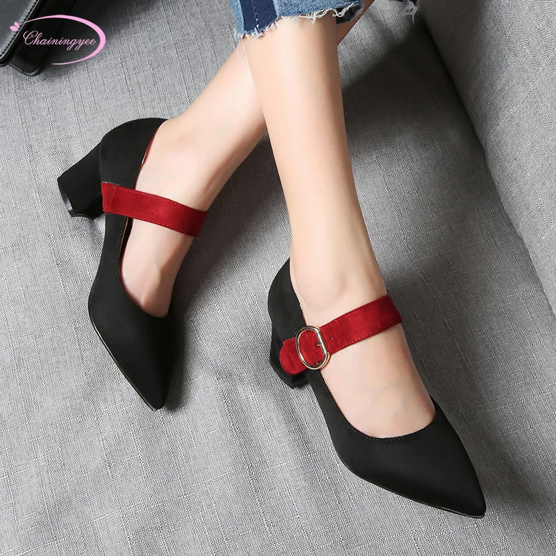 Chinese casual style sexy pointed toe pumps belt buckle color matching beige pink black green thick high heels women shoes
Chinese casual style sexy pointed toe pumps belt buckle color matching beige pink black green thick high heels women shoes