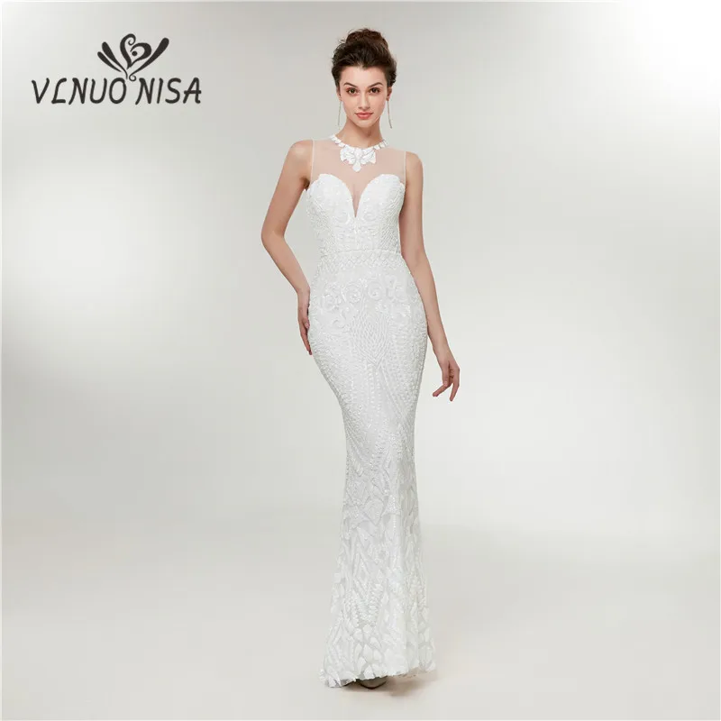 Simple Sweetheart Mermaid Evening Dresses white Illusion Sleeveless Lace Backless Sequin Prom Dress Party Gowns Floor-Length
Simple Sweetheart Mermaid Evening Dresses white Illusion Sleeveless Lace Backless Sequin Prom Dress Party Gowns Floor-Length