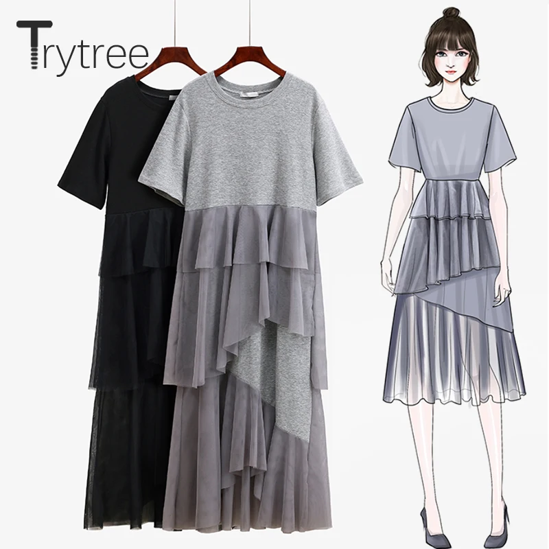 Trytree Summer High Street Dress Women Asymmetry Cascading Ruffle Mesh Patchwork T-shirt dresses O-Neck Loose Solid Casual Dress
Trytree Summer High Street Dress Women Asymmetry Cascading Ruffle Mesh Patchwork T-shirt dresses O-Neck Loose Solid Casual Dress