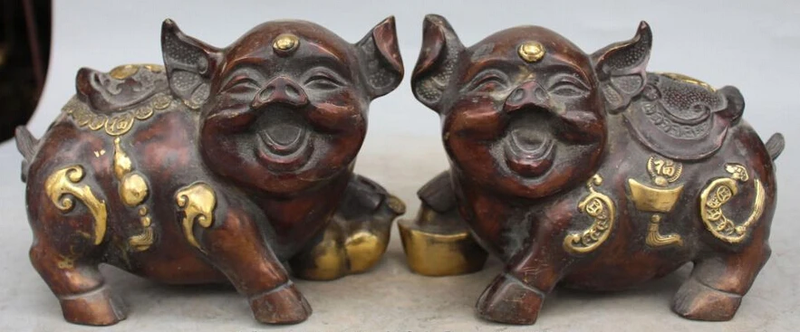 8"Chinese Bronze Gilt Feng Shui Zodiac Year Pig Wealth YuanBao Gourd Pair Statue S0708