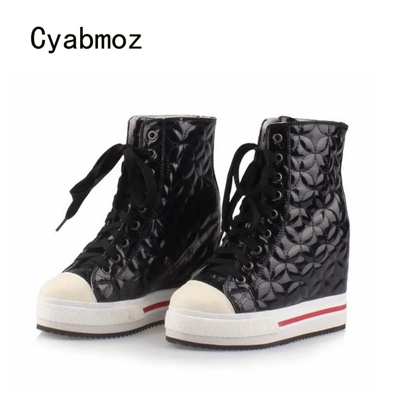 

Cyabmoz Women Wedge Platform Hidden High heels Lace up High top Height increasing Ankle Boots Ladies Casual White Single Shoes