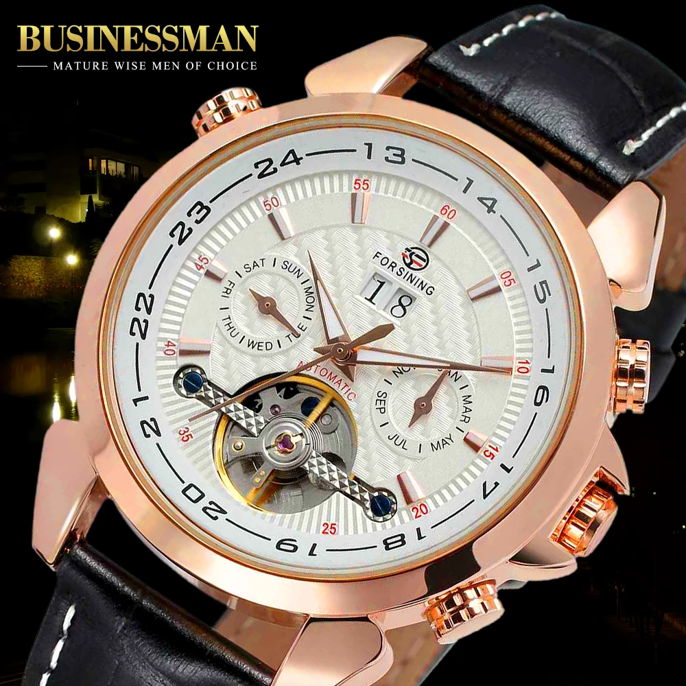 FORSINING Men's Automatic Tourbillon Crystal Dial Complete Calendar Watch with Genuine Leather FSG057M3R5 with Gift Box
FORSINING Men's Automatic Tourbillon Crystal Dial Complete Calendar Watch with Genuine Leather FSG057M3R5 with Gift Box