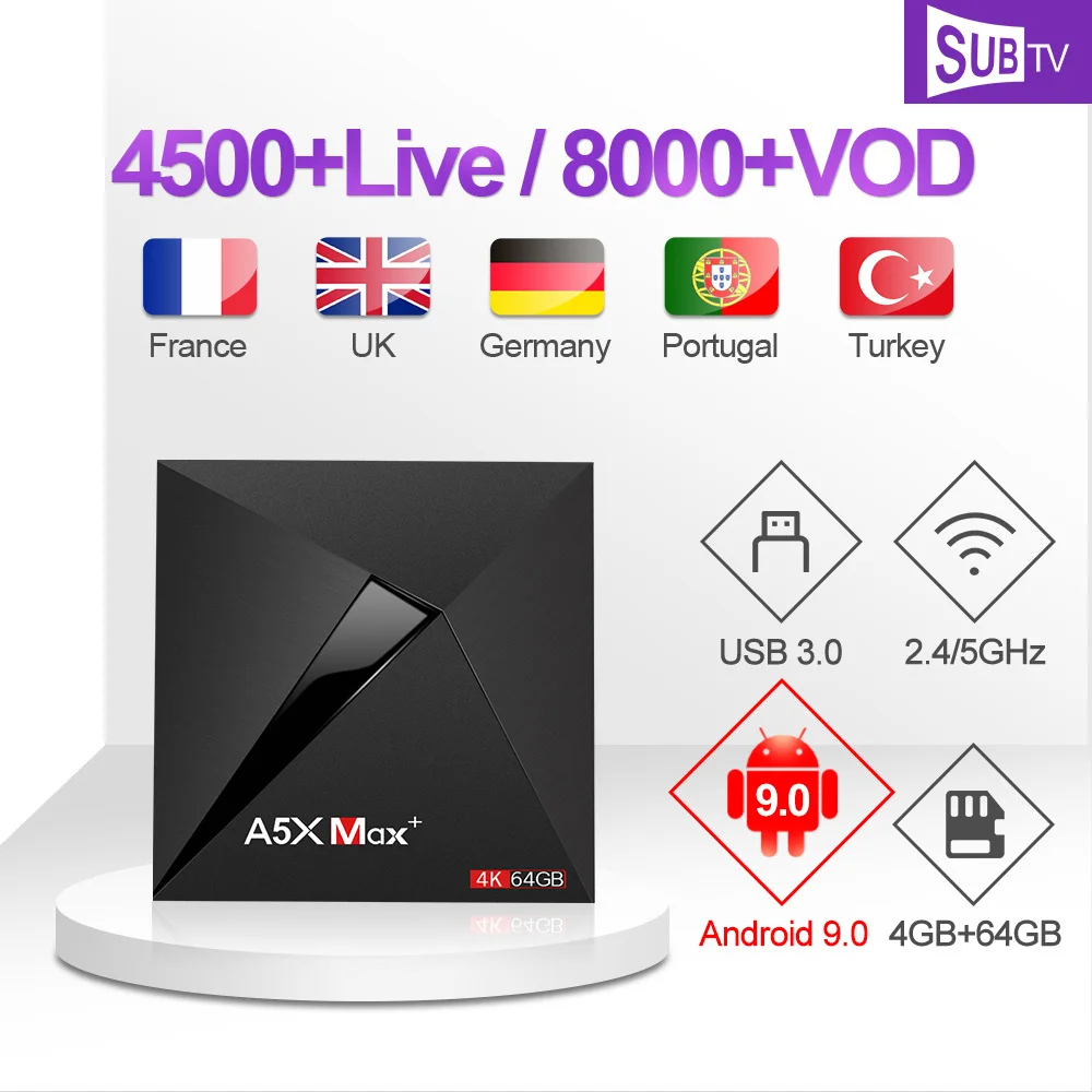 1 Year SUBTV IP TV Code A5X Max Canada France IPTV Subscription TV Box Android 9.0 Portuguese Polish IPTV Italy Africa Arabic
1 Year SUBTV IP TV Code A5X Max Canada France IPTV Subscription TV Box Android 9.0 Portuguese Polish IPTV Italy Africa Arabic