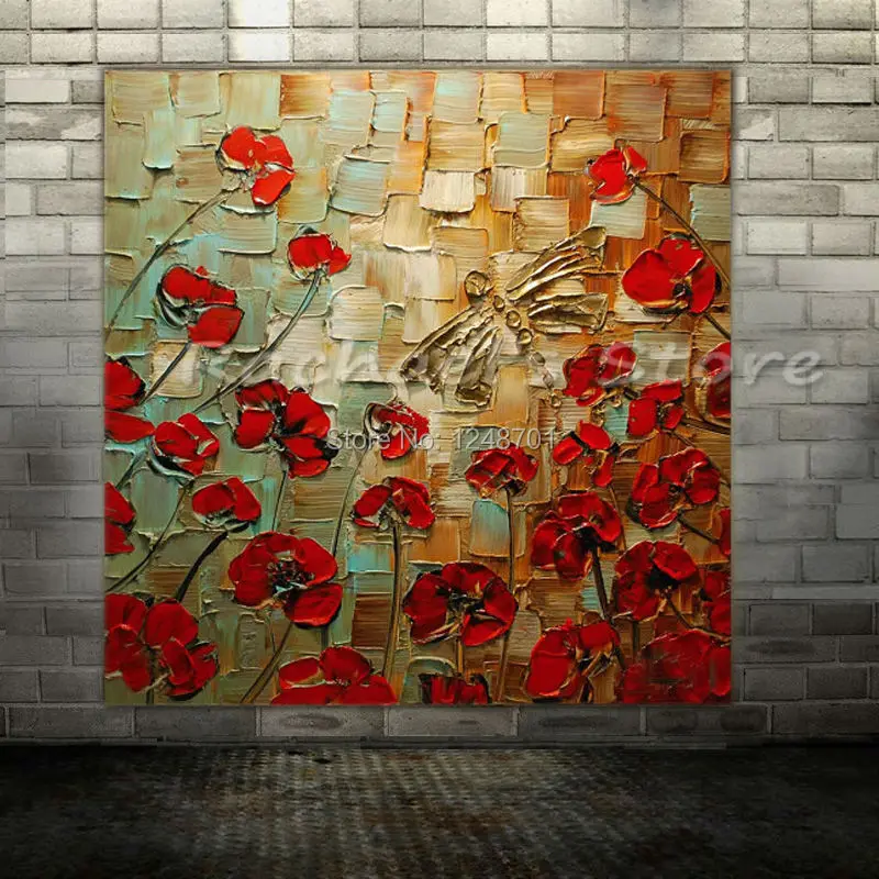 Image Hand Painted Abstract Red Poppy Flowers Oil Painting Thick Textured Flore Pictures For Living Room Bed Room Home Wall Decoration