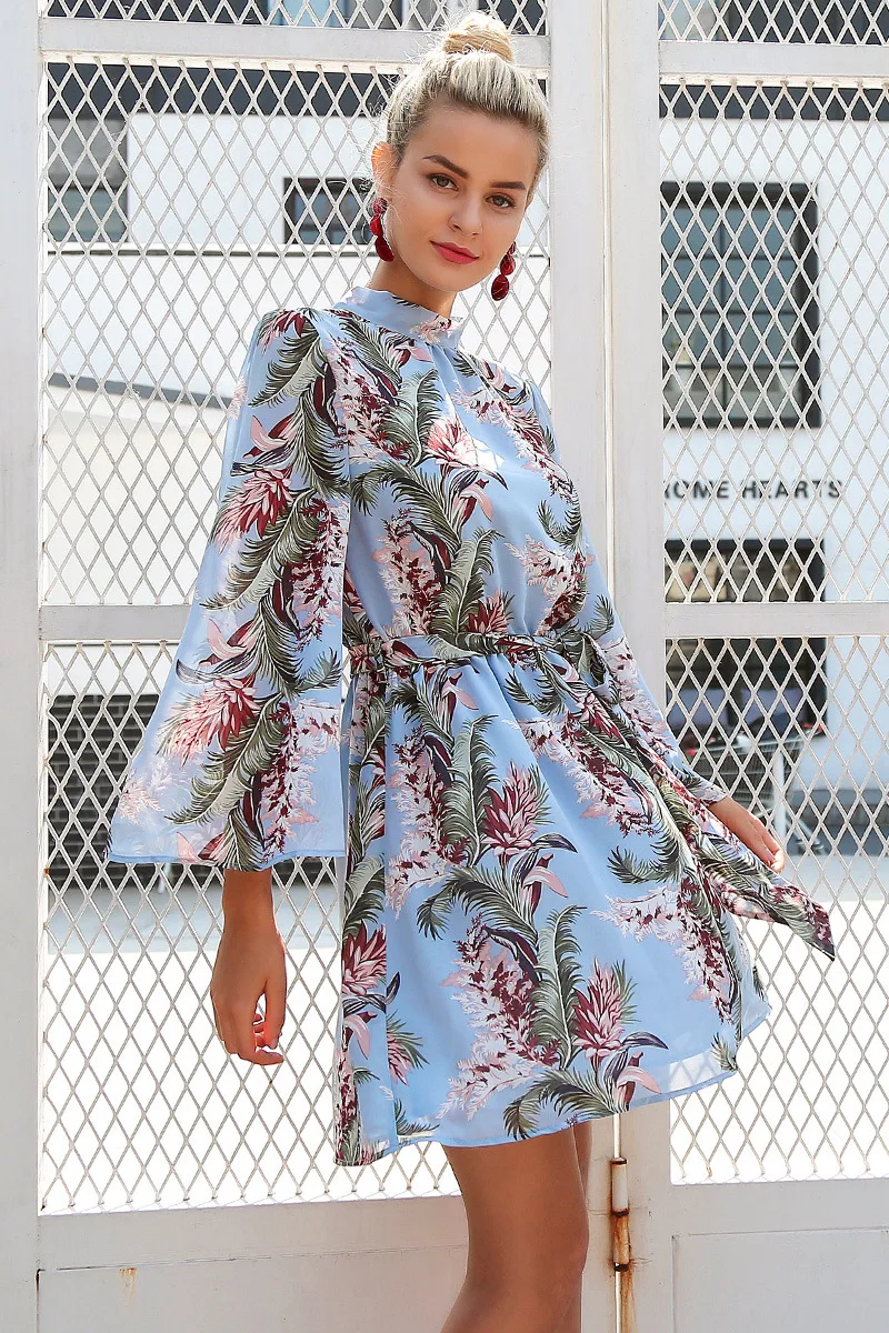 Floral Trumpet Sleeve Dress Summer Fashion Long sleeve Short Dresses Autumn Three Quarter Blue Dress Sashes Open Back Sexy Dress
Floral Trumpet Sleeve Dress Summer Fashion Long sleeve Short Dresses Autumn Three Quarter Blue Dress Sashes Open Back Sexy Dress