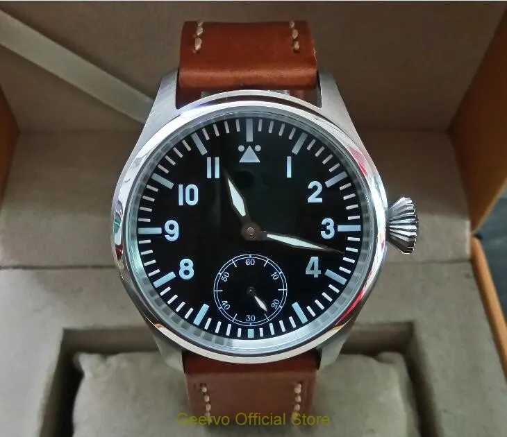 47mm GEERVO black dial Asian 6498 17 jewels Mechanical Hand Wind movement pilot men's watch blue luminous Mechanical watches 14A
47mm GEERVO black dial Asian 6498 17 jewels Mechanical Hand Wind movement pilot men's watch blue luminous Mechanical watches 14A