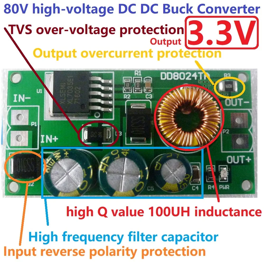 High-Voltage DC-DC Buck Step-Down Converter DC 10V-80V to 3.3V Module Power Supply Board for LED Motor fan
High-Voltage DC-DC Buck Step-Down Converter DC 10V-80V to 3.3V Module Power Supply Board for LED Motor fan
