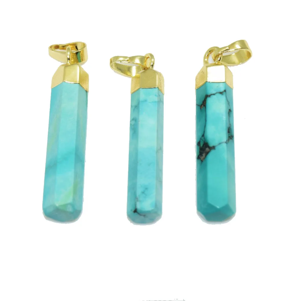 

5pc Long Fashion Jewelry Faceted Natural Stone stick pendant for necklace gold cap marble green howlite point girl pendant