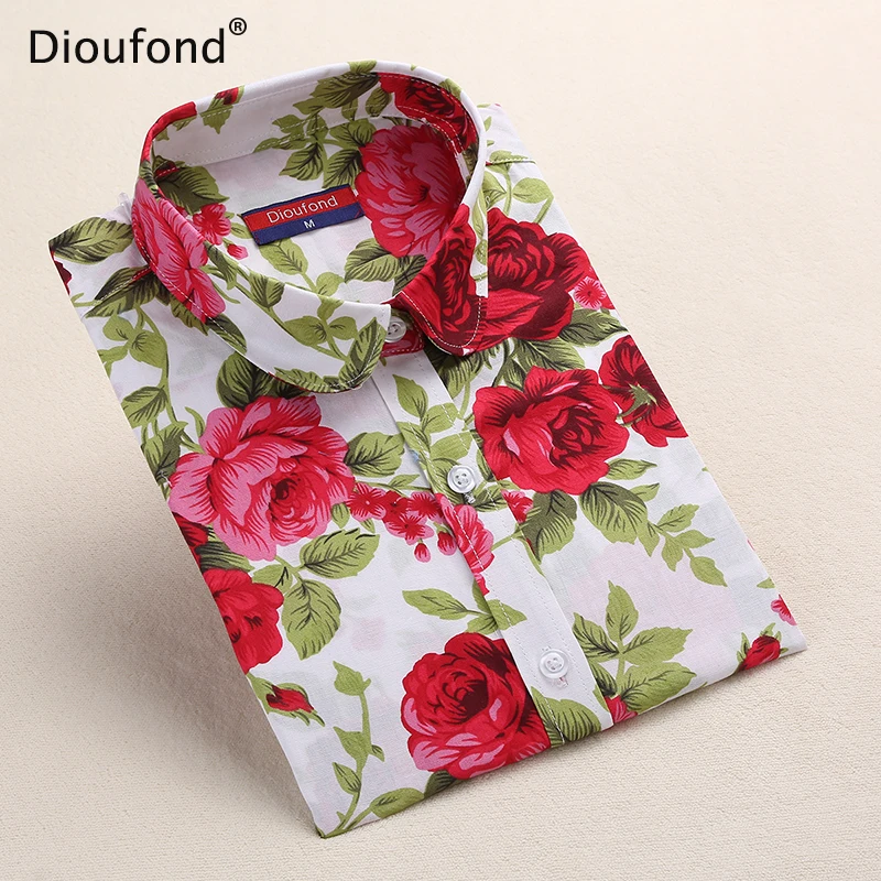 Dioufond New Women's Floral Print Blouses Cotton Shirts Women Vintage Turn-Down Collar Tops Ladies Work Long Sleeve Blouse 2017 10