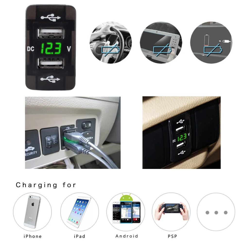 DC 12-24V For Toyota Dual USB Port Car Charger Adapter Charging Socket Power Adapter with LED Digital Voltmeter Meter Monitor
DC 12-24V For Toyota Dual USB Port Car Charger Adapter Charging Socket Power Adapter with LED Digital Voltmeter Meter Monitor