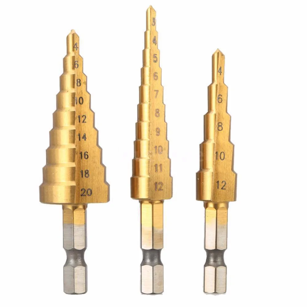 3pcs HSS Titanium Coated 1/4" Hex Shank Step Cone Drill Bit Hole Cutter Set 4-20 Pagoda Drill
3pcs HSS Titanium Coated 1/4" Hex Shank Step Cone Drill Bit Hole Cutter Set 4-20 Pagoda Drill