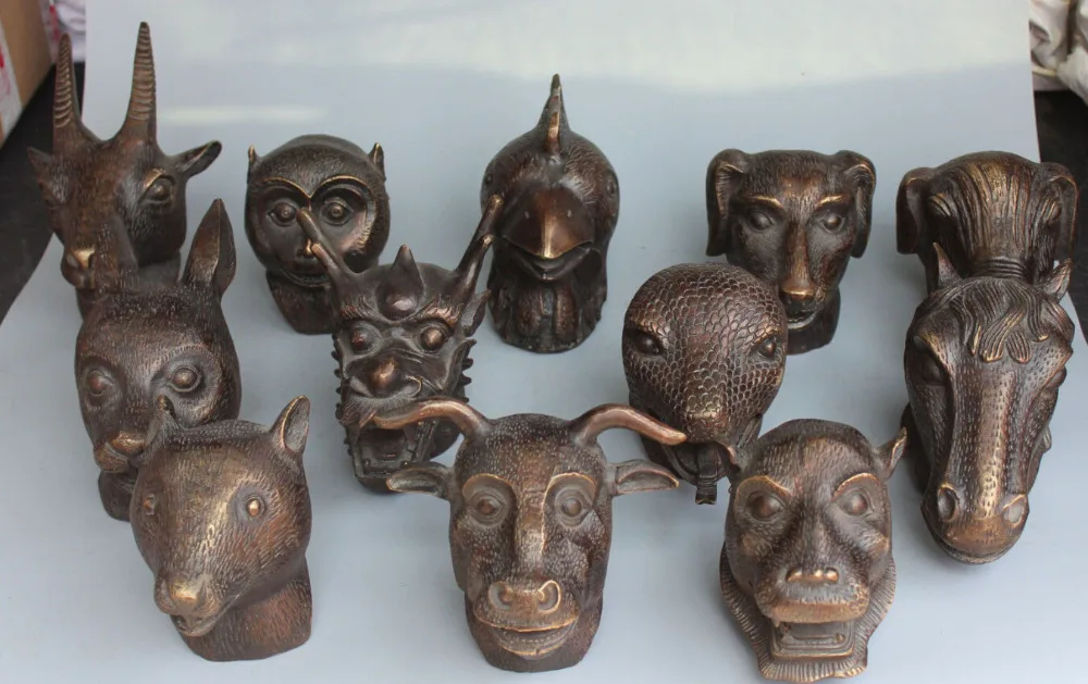 6"Marked Chinese Bronze 12 Animal Dragon Horse Sheep Bull Chicken Head Full Set
6"Marked Chinese Bronze 12 Animal Dragon Horse Sheep Bull Chicken Head Full Set