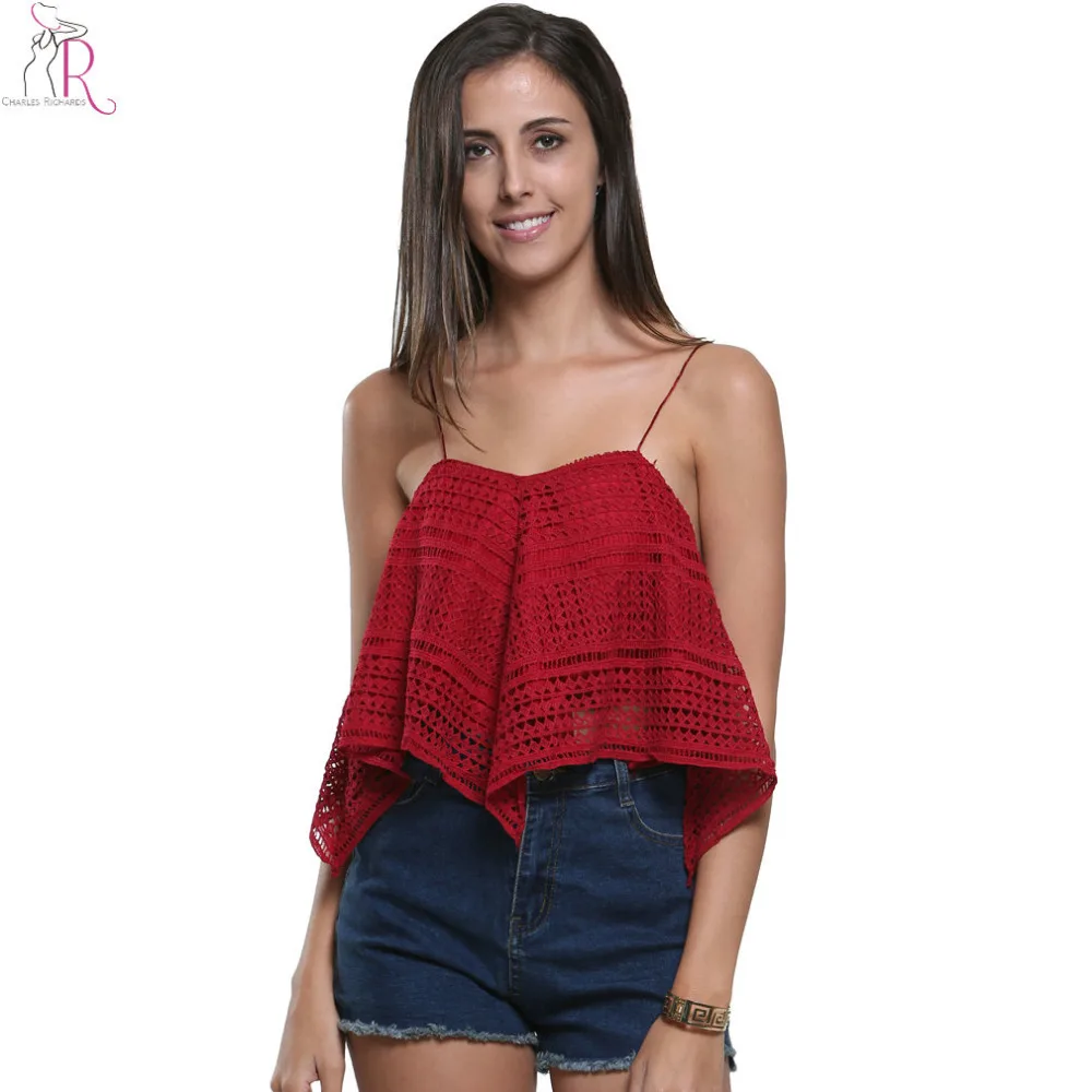 Women's Lace Crochet Asymmetric Vest w/ Spaghetti Strap 3 Colors