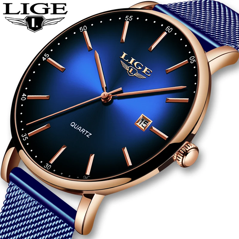 Мужские кварцевые часы LIGE ультратонкие водонепроницаемые с календарем