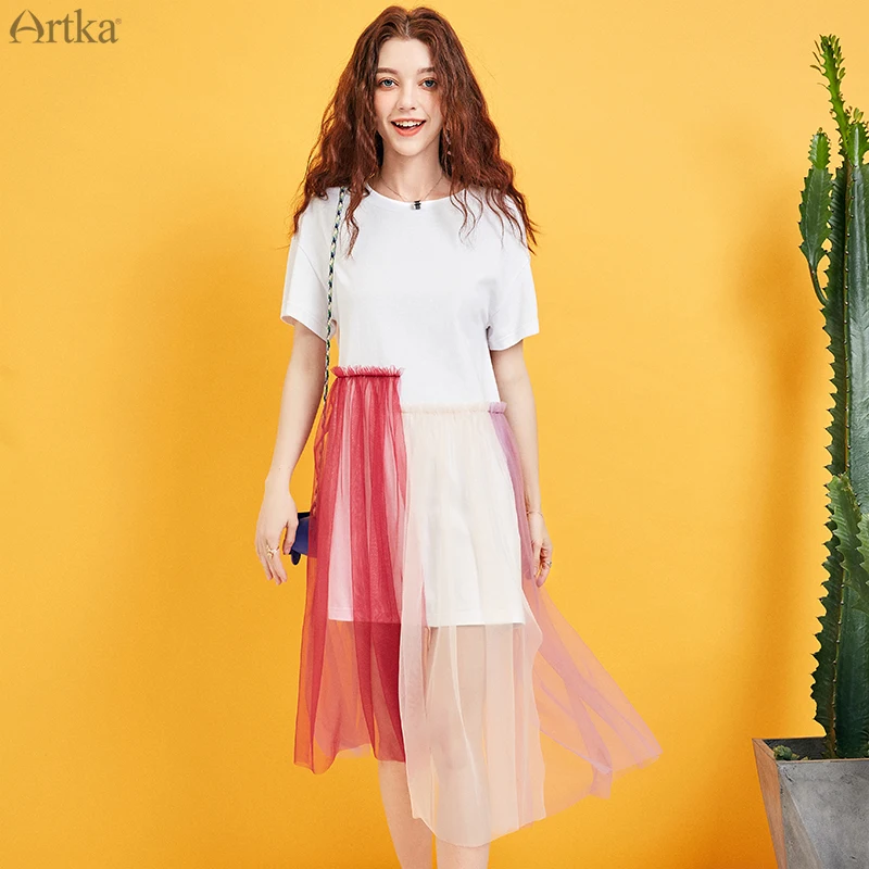ARTKA 2019 Summer New Women Dress Fashion Pink Mesh Stitching Dress Loose Casual White T-shirt Dress For Women LA15290X
ARTKA 2019 Summer New Women Dress Fashion Pink Mesh Stitching Dress Loose Casual White T-shirt Dress For Women LA15290X