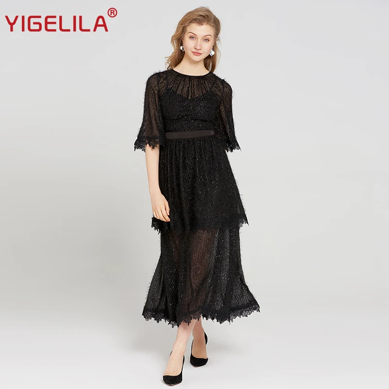 YIGELILA Women Long Black Dress Fashion O-neck Flare Sleeve Empire Slim Ankle Length Lace Tassel Solid Dress Vestidos 63406
YIGELILA Women Long Black Dress Fashion O-neck Flare Sleeve Empire Slim Ankle Length Lace Tassel Solid Dress Vestidos 63406