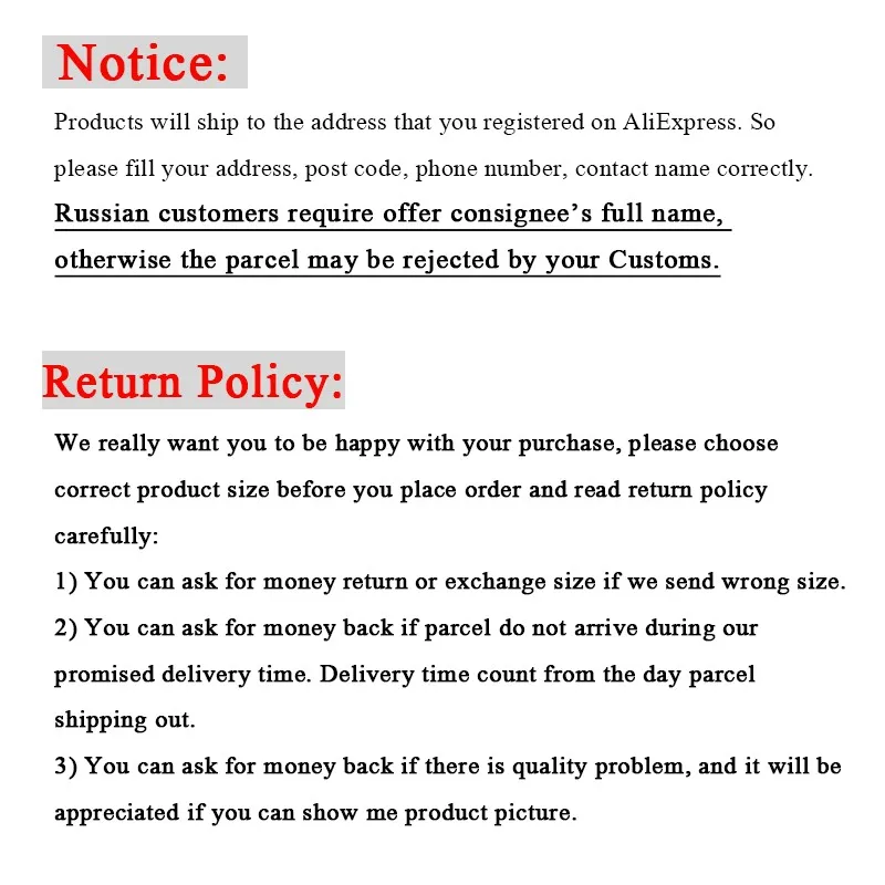 Notice and return policy