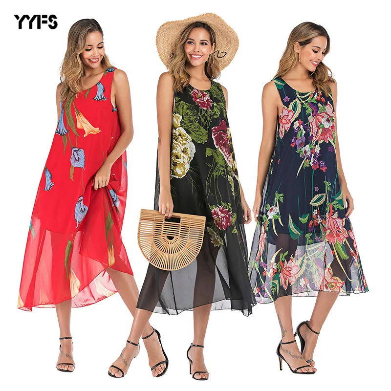 

2019 Summer Long Dress Floral Print Boho Beach Dress Tunic Maxi Dress Women Evening Party Dress Sundress Vestidos de festa