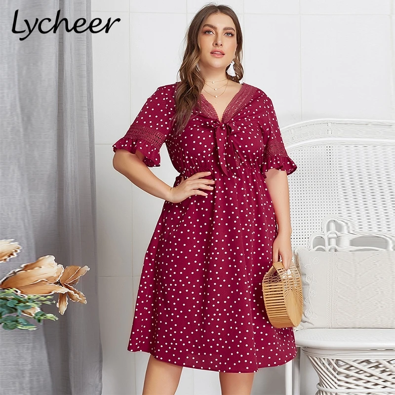 Lycheer Plus size vintage elegant bow tie women dress Big size polka dot lace hem high waist dress Ruffled short sleeve dresses
Lycheer Plus size vintage elegant bow tie women dress Big size polka dot lace hem high waist dress Ruffled short sleeve dresses