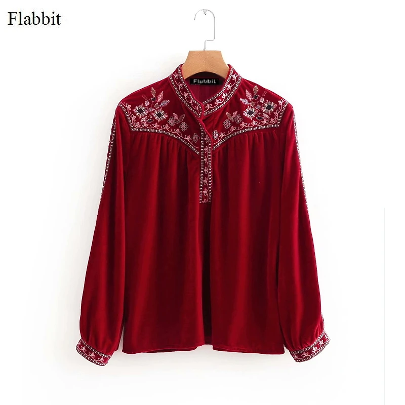 Flabbit women vintage stand collar floral embroidery casual velvet blouse shirts women fashion pleat feminina blusas tops LX0370
Flabbit women vintage stand collar floral embroidery casual velvet blouse shirts women fashion pleat feminina blusas tops LX0370